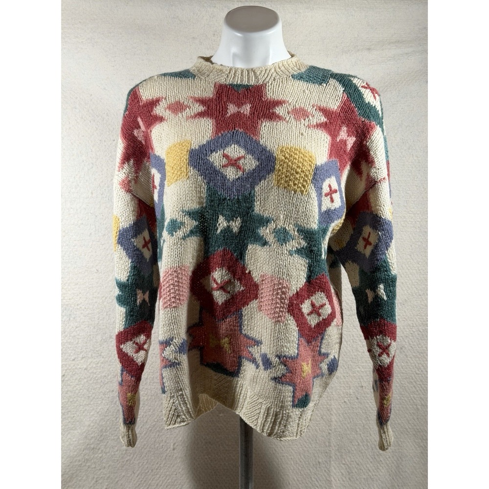Woolrich Vintage Mens M Hand Knit Wool Sweater Southwestern Geometric Cozy Retro